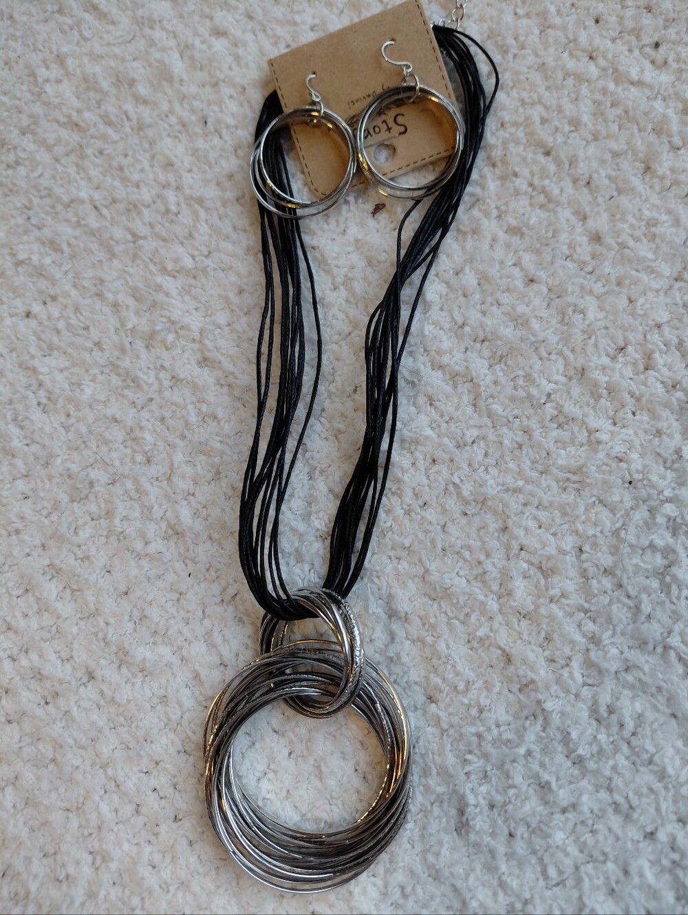 Sterling-Style Black Multi-Strand Necklace with Silver Hoop Pendant